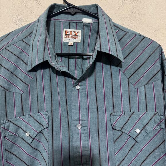 Vintage Ely Cattleman Western Pearl Snap Up Shirt Mens XL green stripe 80s Rodeo - Picture 2 of 5